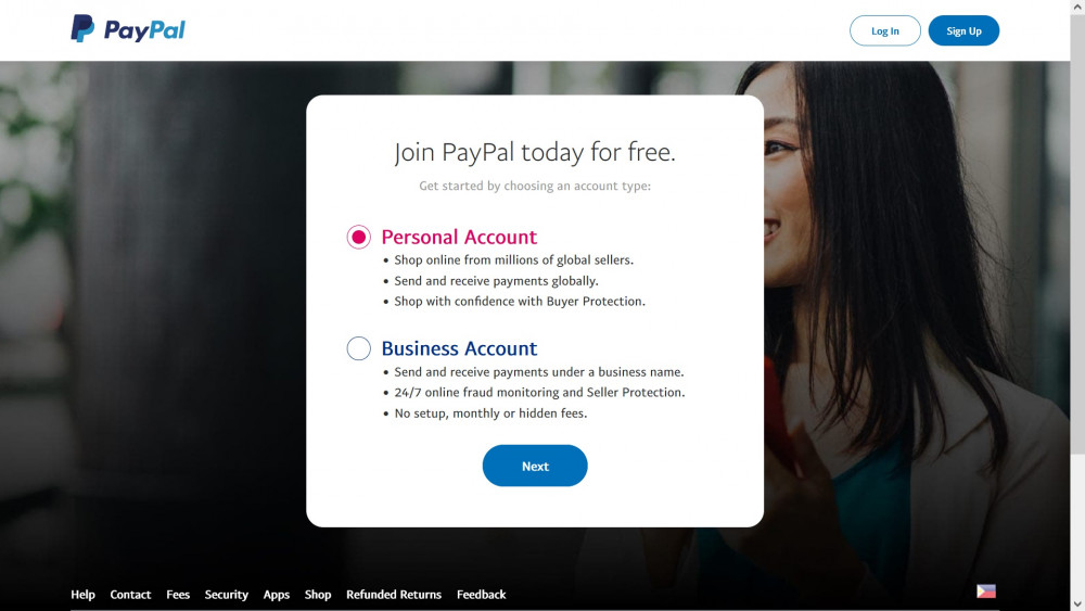 PayPal registration page